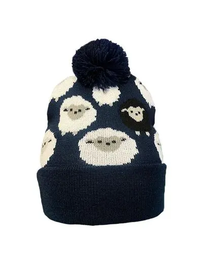 Kids Navy Sheep Knit Pom-Pom Beanie